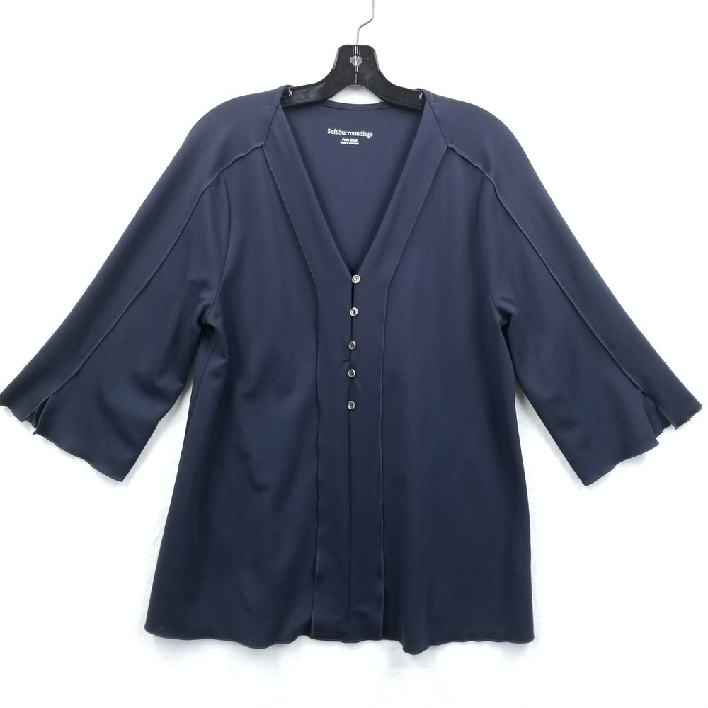Soft Surroundings Tunic Women PS Navy Blue Architectural Stretch Lagenlook Top